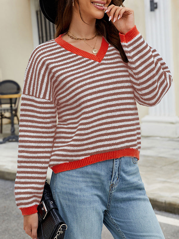 Long Sleeves Loose Contrast Color Jacquard Striped V-Neck Pullovers Sweater Tops