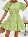 A-Line Flared Sleeves Elasticity Hollow Pleated Solid Color Split-Joint Round-Neck Mini Dresses