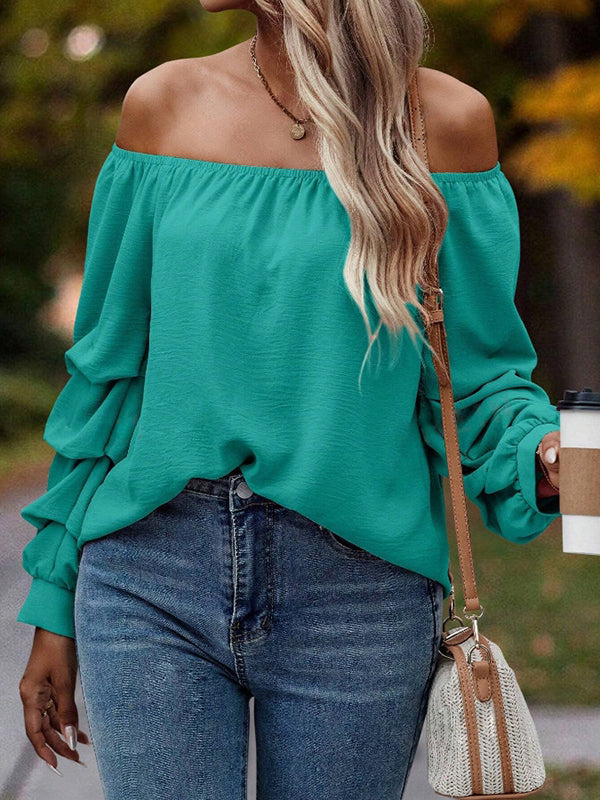 Long Sleeves Loose Elasticity Pleated Solid Color Off-The-Shoulder Blouses&Shirts Tops