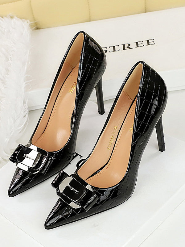 Belt Buckle Pointed-Toe Shiny Split-Joint Pumps