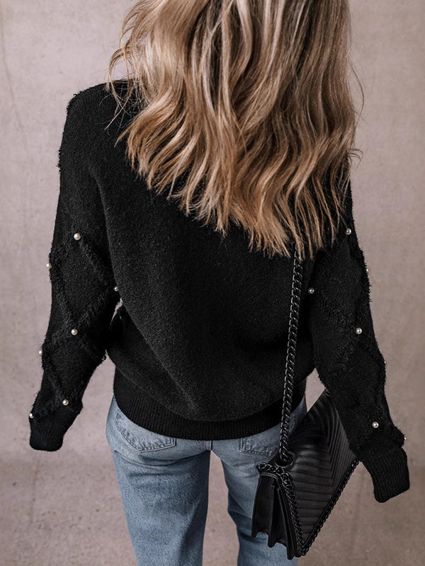 Long Sleeves Loose Beaded Round-Neck Pullovers Sweater Tops