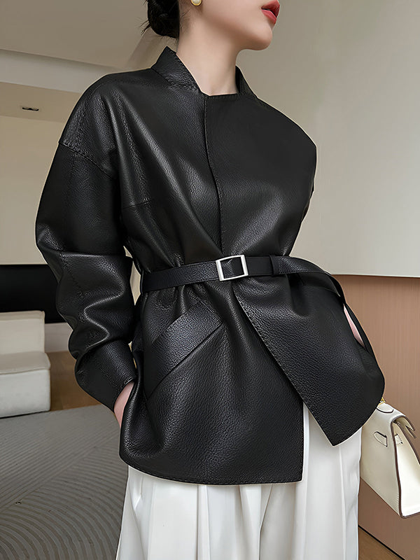 Long Sleeves Loose Belted Solid Color Stand Collar Jackets Outerwear