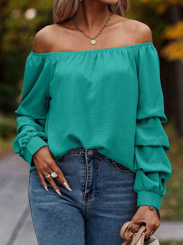 Long Sleeves Loose Elasticity Pleated Solid Color Off-The-Shoulder Blouses&Shirts Tops