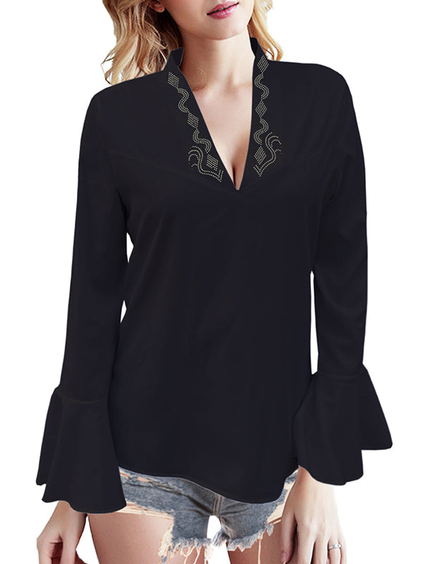 Flared Sleeves Long Sleeves Rhine Stones Solid Color V-Neck Blouses&Shirts Tops