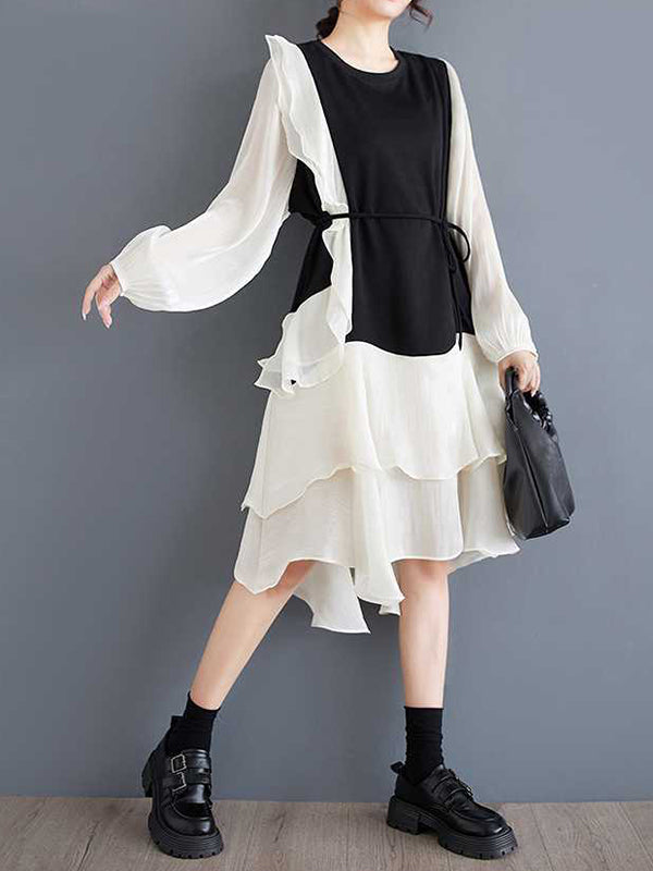 High-Low Long Sleeves Contrast Color Ruffle Trim Split-Joint Round-Neck Midi Dresses