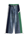 Loose Wide Leg Contrast Color Drawstring Elasticity Fringed Split-Joint Jean Pants Bottoms