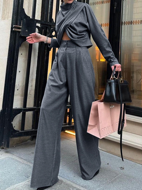 Long Sleeves Pleated Solid Color Stand Collar Blouses Tops + High Waisted Pants Bottom Two Pieces Set