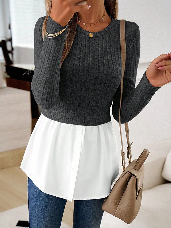 Long Sleeves Loose Buttoned Split-Joint Round-neck Knit Top