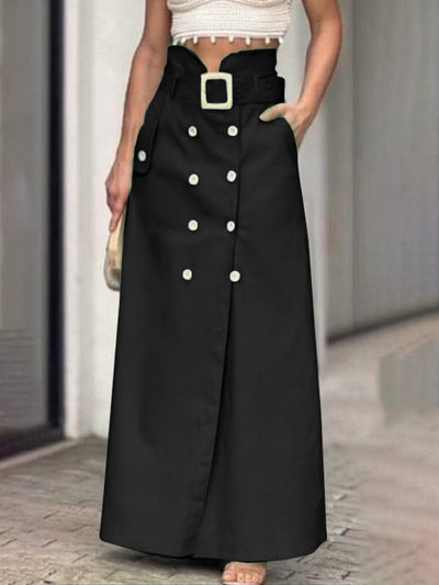 High Waisted Loose Belted Buttoned Pockets Split-Front Skirts Bottoms