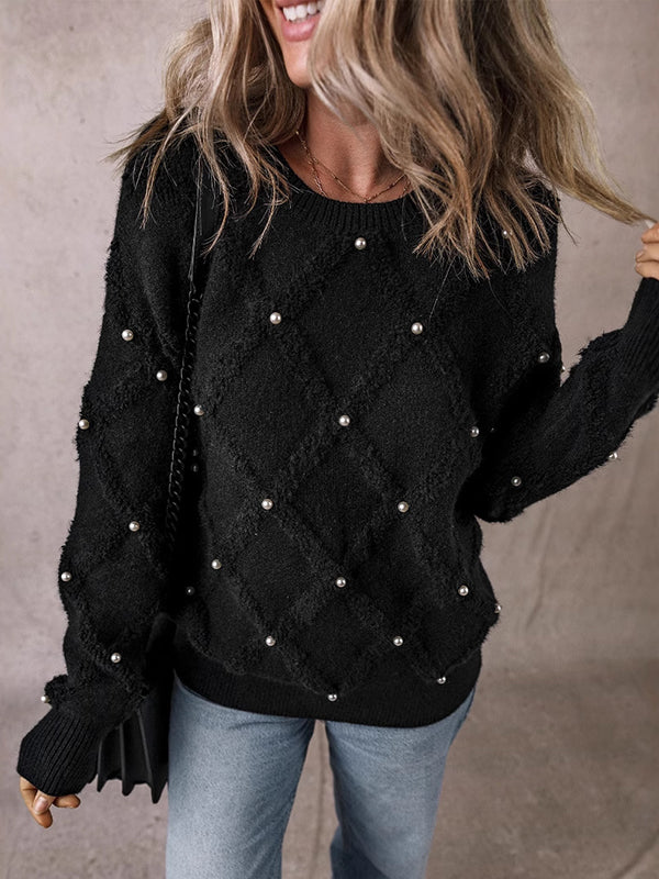 Long Sleeves Loose Beaded Round-Neck Pullovers Sweater Tops