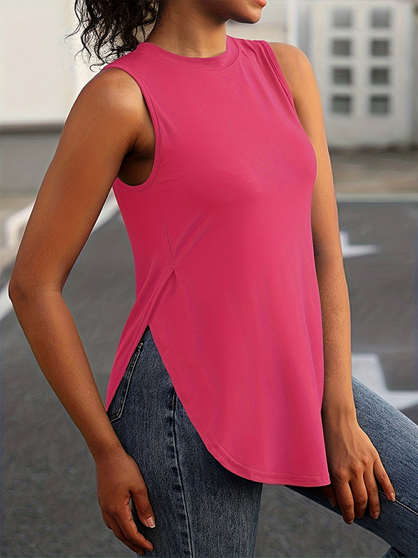 Loose Sleeveless Solid Color Split-Side Round-Neck Cover-Ups Tops Vest Top