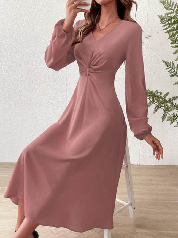 A-Line High Waisted Pleated Solid Color Zipper V-Neck Midi Dresses