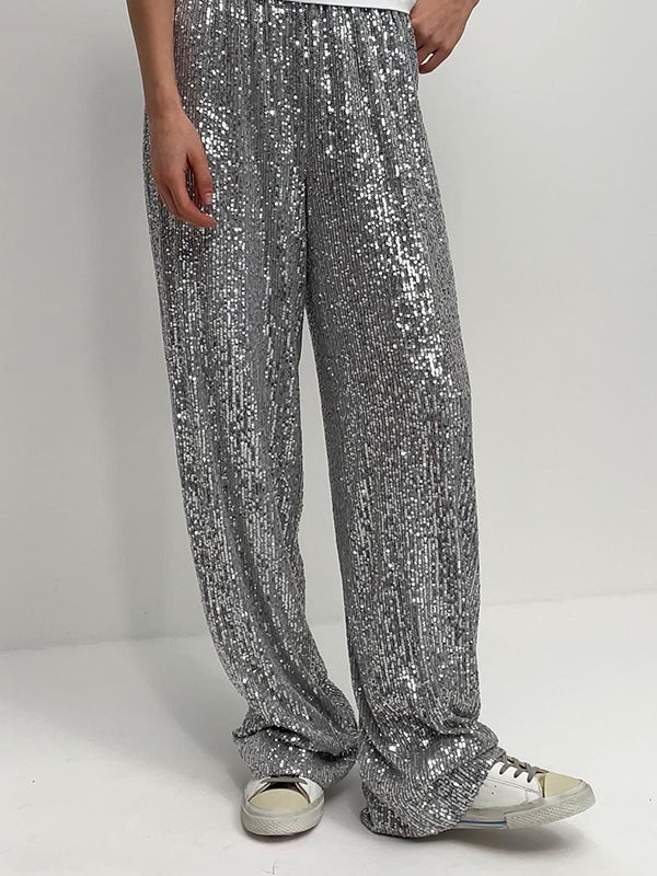 Loose Straight Leg Elasticity Sequined Shiny Split-Joint Pants Trousers