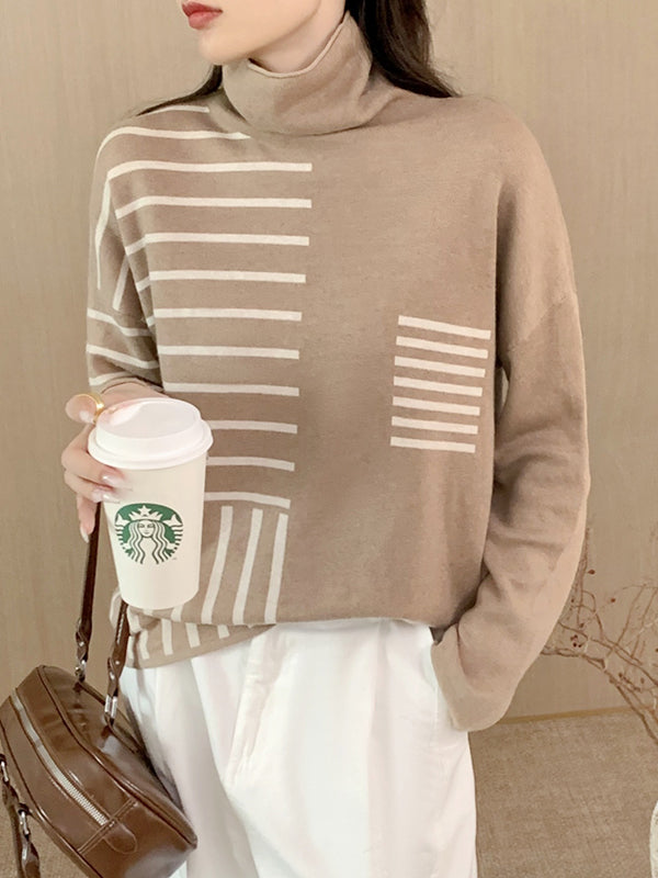 Long Sleeves Loose Contrast Color Striped High Neck Pullovers Sweater Tops