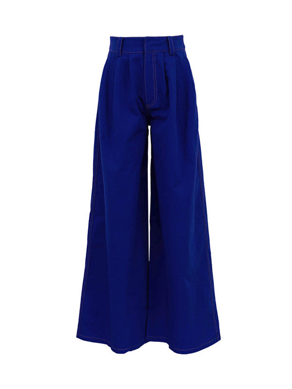 Loose Wide Leg Pleated Pockets Solid Color Pants Trousers