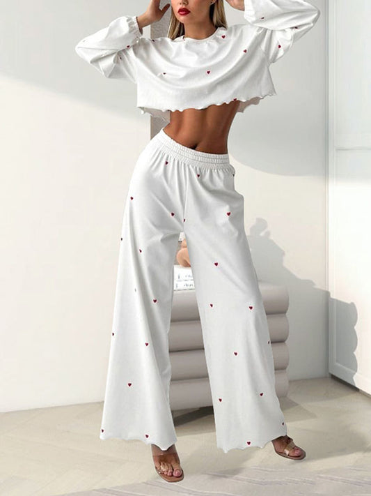 Heart Print Round-Neck Long Sleeves Tops + Elasticity High Waisted Pants Pajama Sets