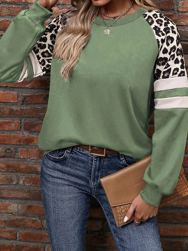 Loose Raglan Sleeve Contrast Color Leopard Split-Joint Round-Neck T-Shirts Tops