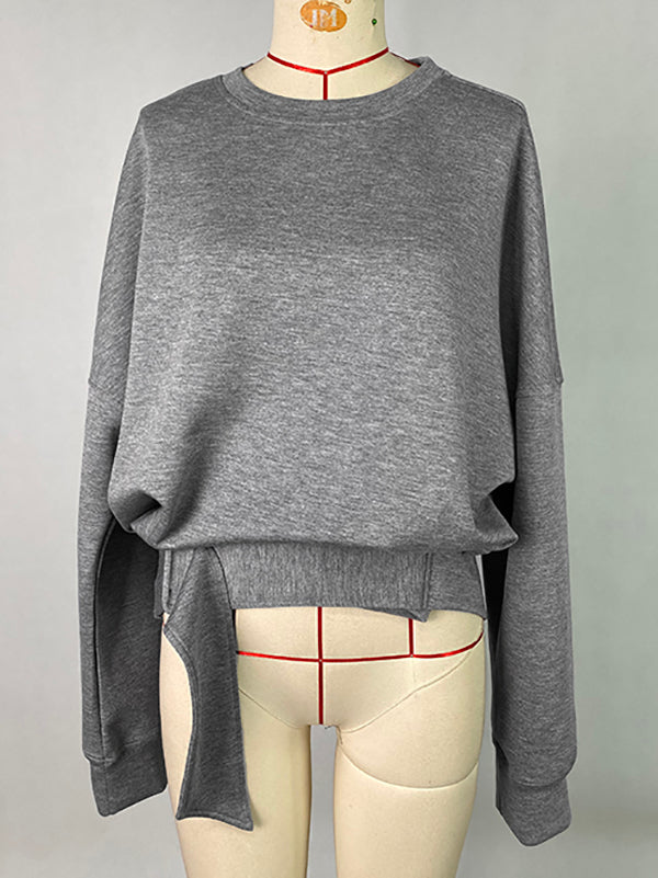 Long Sleeves Loose Belt Buckle Solid Color Round-Neck Sweatshirt Tops