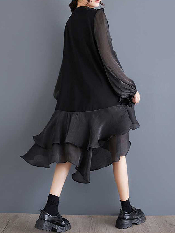 High-Low Long Sleeves Contrast Color Ruffle Trim Split-Joint Round-Neck Midi Dresses