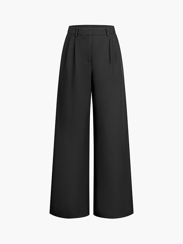 High Waisted Loose No Belt Pleated Pockets Solid Color Suit Pants Trousers