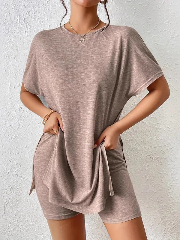 Loose Raglan Sleeve Solid Color Split-Joint Split-Side Round-Neck Pajama Sets