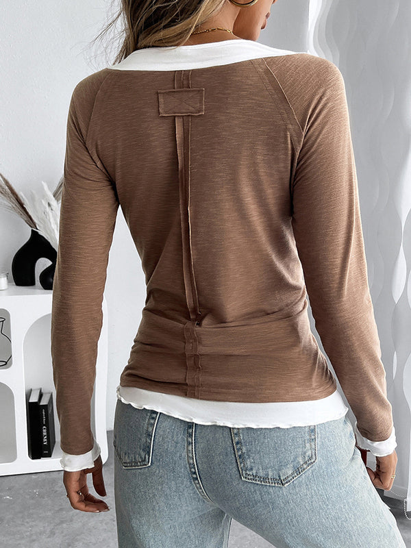 False Two Long Sleeves Contrast Color Split-Joint Round-Neck T-Shirts Tops