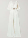 Solid Color Split-Front Contrast Color Tied Waist High Waisted V-Neck Jumpsuits