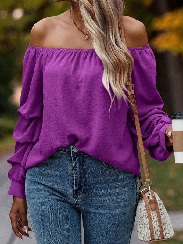 Long Sleeves Loose Elasticity Pleated Solid Color Off-The-Shoulder Blouses&Shirts Tops