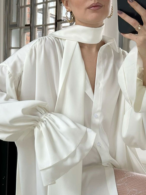 Flared Sleeves Long Sleeves Double Layered Elasticity Solid Color Tied V-Neck Blouses&Shirts Tops