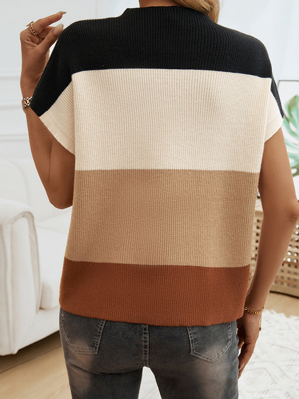 Loose Short Sleeves Contrast Color Pockets Round-Neck Sweater Tops