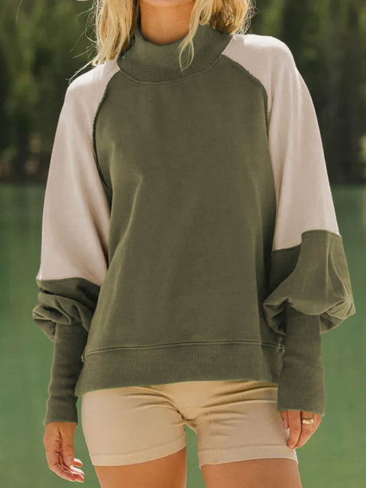 Long Sleeves Loose Contrast Color Pleated Split-Joint Round-Neck Sweatshirt Tops