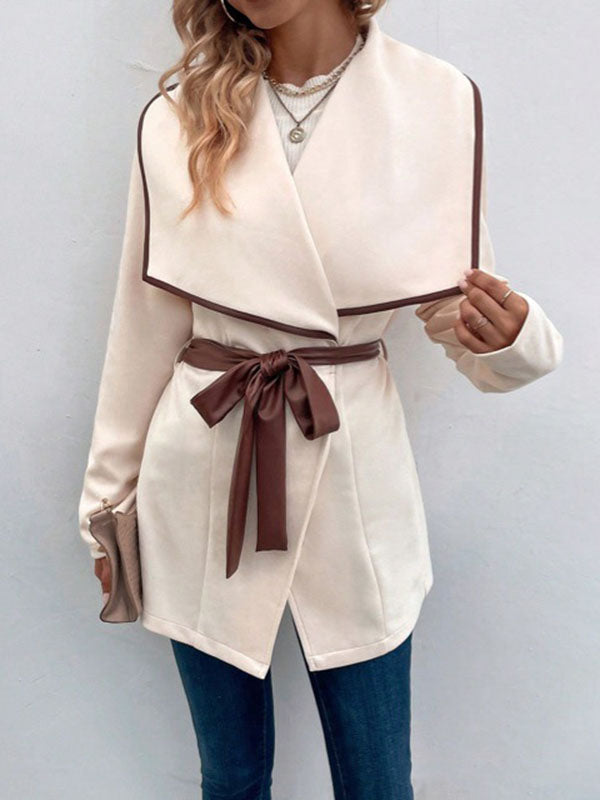 Long Sleeves Loose Contrast Color Tied Waist Lapel Outerwear