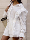 Loose Solid Color Jacquard Ruffled Split-Joint Lapel Blouse + High Waisted Shorts Two Pieces Set