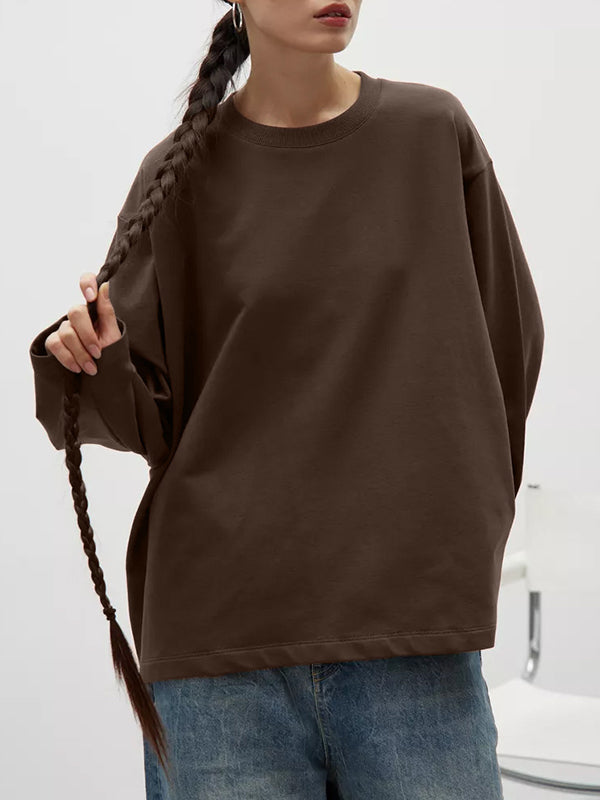 Long Sleeves Loose Solid Color Round-Neck T-Shirts Tops