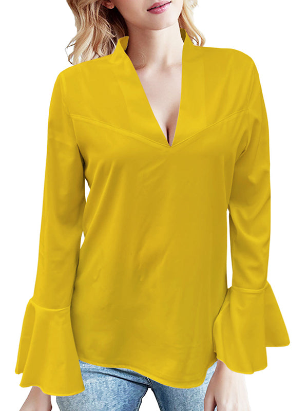 Flared Sleeves Long Sleeves Rhine Stones Solid Color V-Neck Blouses&Shirts Tops