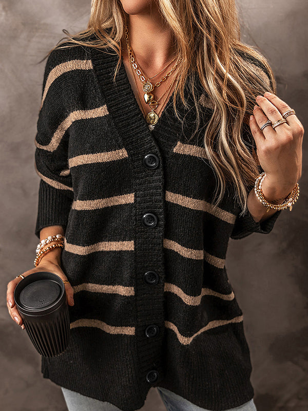 Long Sleeves Loose Buttoned Contrast Color Striped V-Neck Cardigan Tops