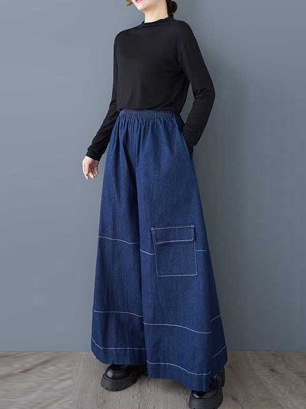 High Waisted Loose Elasticity Pockets Culotte Jean Pants Bottoms