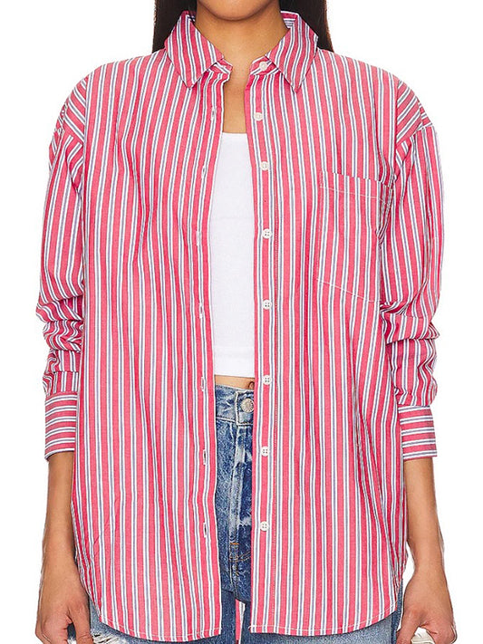 Long Sleeves Loose Buttoned Split-Joint Striped Lapel Blouses&Shirts Tops