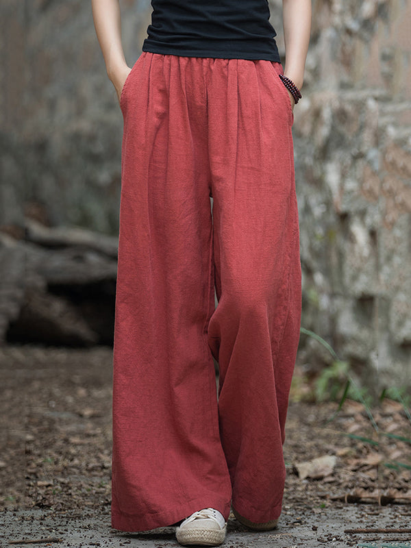 Loose Wide Leg Elasticity Pleated Pockets Solid Color Pants Trousers