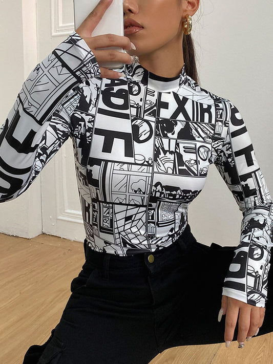 Long Sleeves Skinny Contrast Color Printed Mock Neck T-Shirts Tops