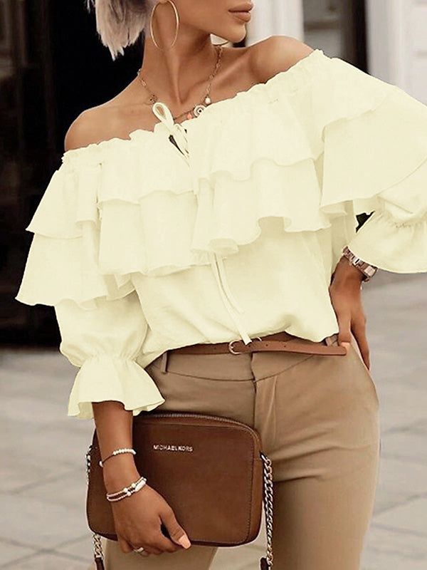 Long Sleeves Loose Layered Pleated Solid Color Split-Joint Tied Off-The-Shoulder Blouses&Shirts Tops