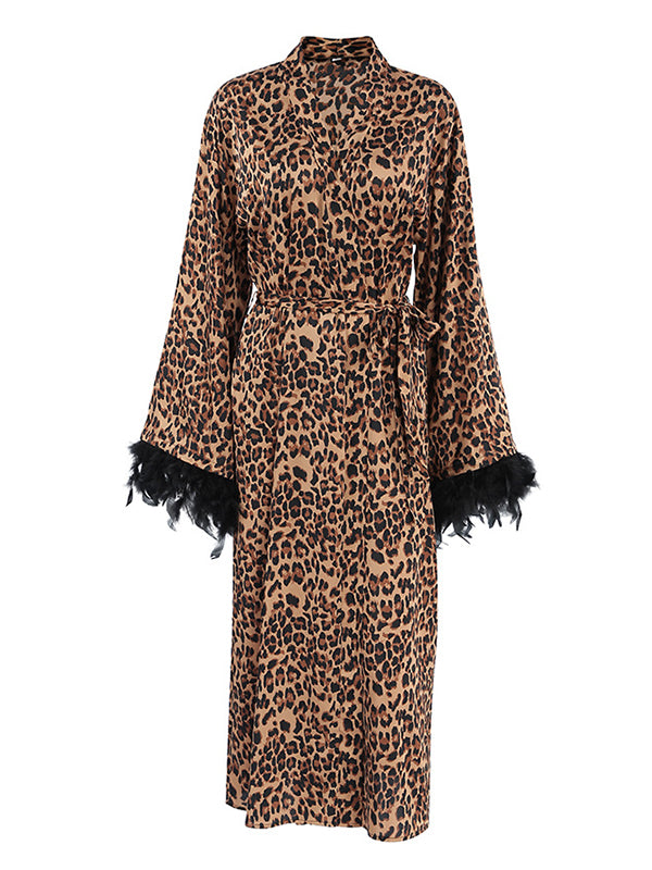 A-Line High Waisted Leopard Split-Joint Tied Waist Deep V-Neck Maxi Dresses