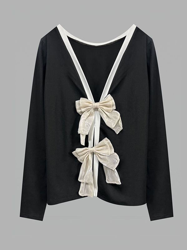 Long Sleeves Loose Bowknot Hollow Split-Back Split-Joint Round-Neck T-Shirts