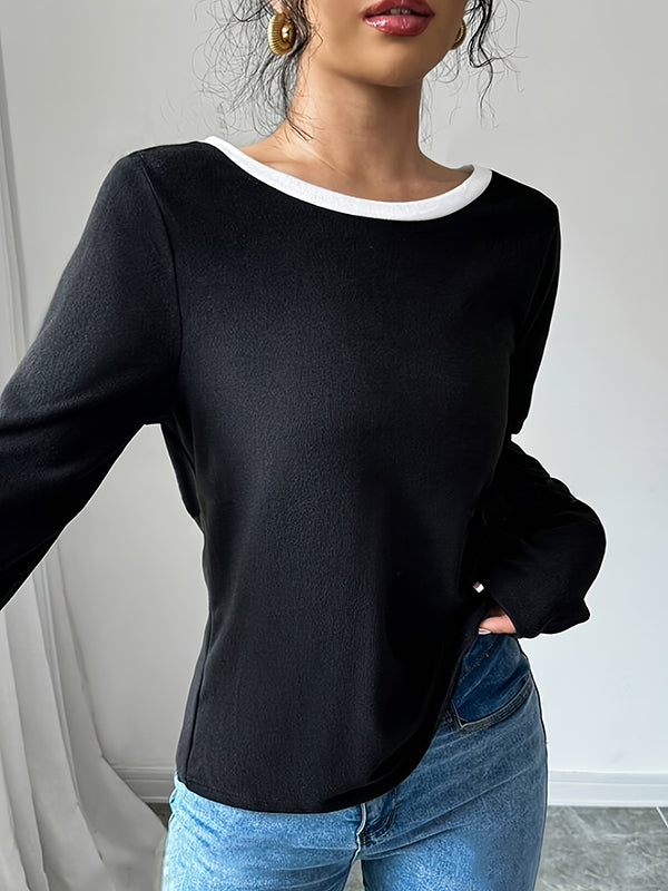 Long Sleeves Loose Bowknot Hollow Split-Back Split-Joint Round-Neck T-Shirts