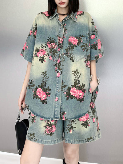 High-Low Loose Floral Printed Split-Joint Lapel Blouses&Shirts Tops