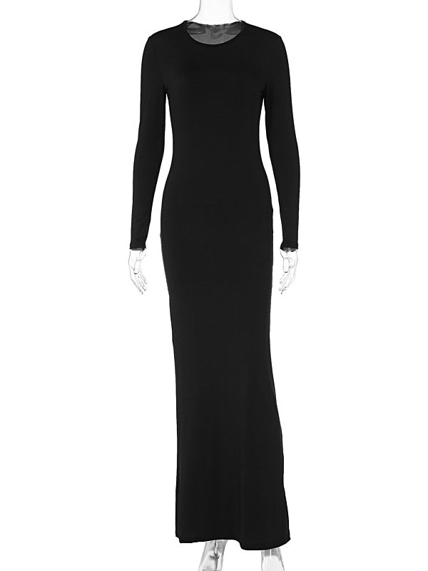 Bodycon Long Sleeves See-Through Solid Color Round-Neck Maxi Dresses