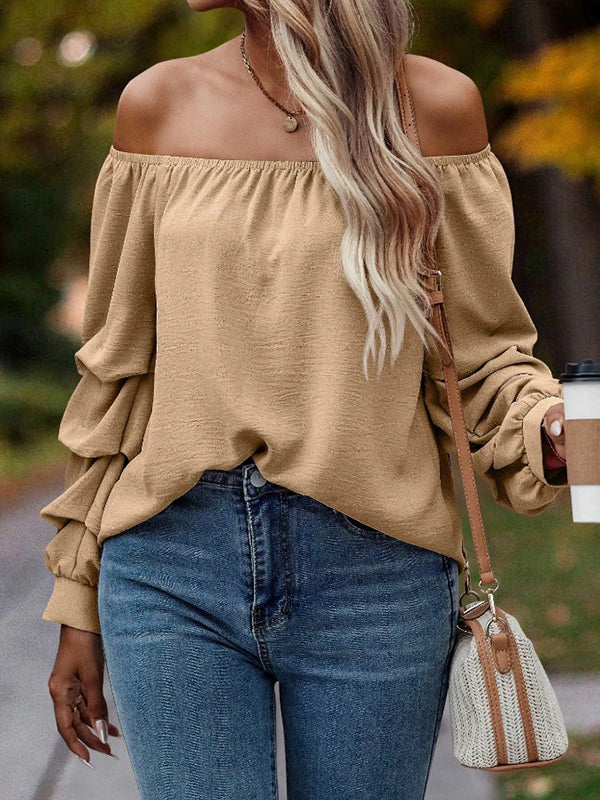 Long Sleeves Loose Elasticity Pleated Solid Color Off-The-Shoulder Blouses&Shirts Tops