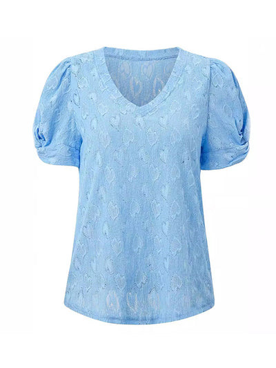 Loose Short Sleeves Heart Print Knot Pleated Solid Color Split-Joint V-Neck T-Shirts Tops