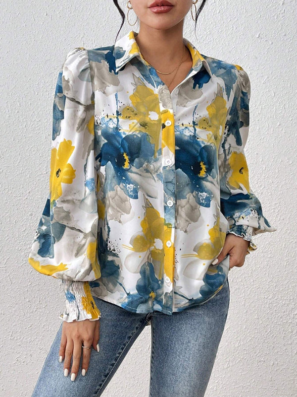 Long Sleeves Loose Buttoned Elasticity Flower Print Pleated Lapel Blouses&Shirts Tops