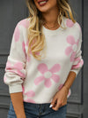 Long Sleeves Loose Knitted Flower Round-Neck Knitwear Pullovers Sweater Tops